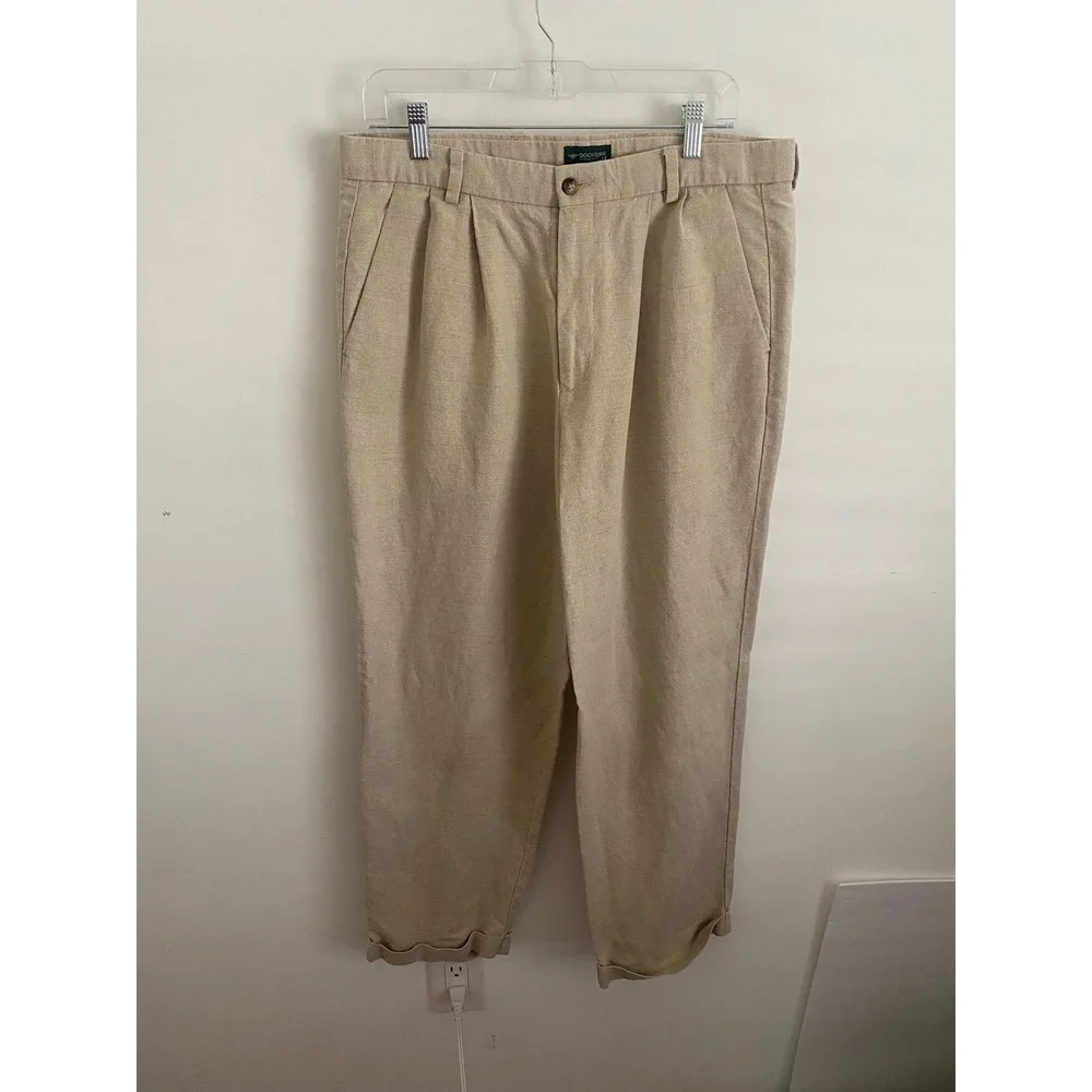 Dockers Premium Mens 34x30 Linen Cotton Blend Pleated Relaxed Fit Pants Khaki